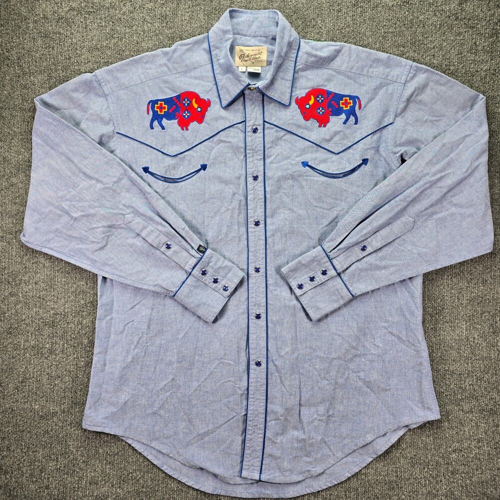 Rockmount Ranch Wear Shirt Mens Large Blue Chambray Bison Western Snap Embroider
